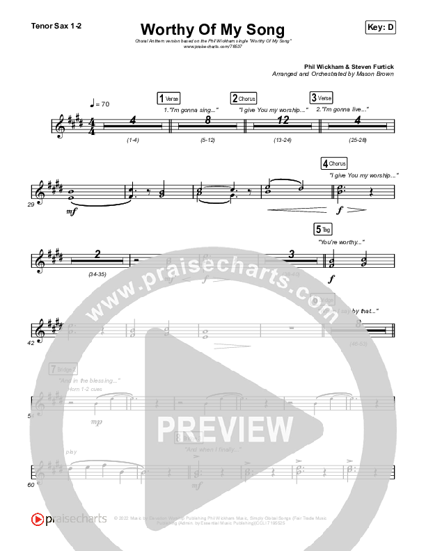 Worthy Of My Song (Choral Anthem SATB) Tenor Sax 1,2 (Phil Wickham / Arr. Mason Brown)