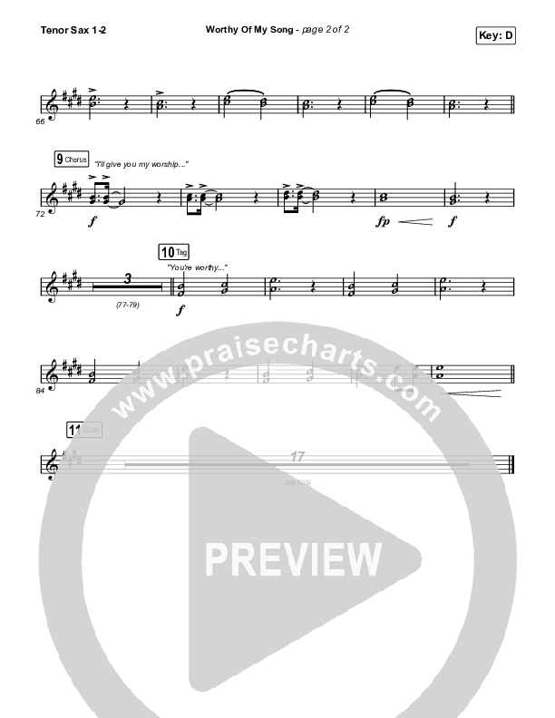 Worthy Of My Song (Choral Anthem SATB) Tenor Sax 1,2 (Phil Wickham / Arr. Mason Brown)