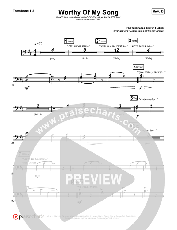 Worthy Of My Song (Choral Anthem SATB) Trombone 1/2 (Phil Wickham / Arr. Mason Brown)