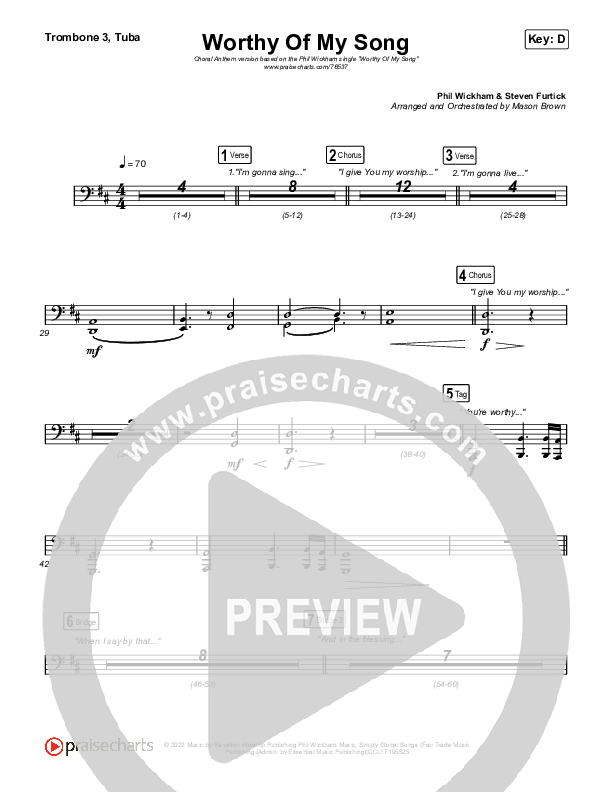 Worthy Of My Song (Choral Anthem SATB) Trombone 1,2 (Phil Wickham / Arr. Mason Brown)