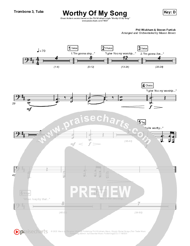 Worthy Of My Song (Choral Anthem SATB) Trombone 3/Tuba (Phil Wickham / Arr. Mason Brown)