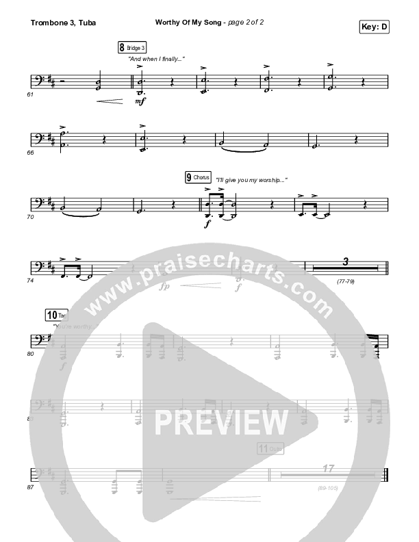 Worthy Of My Song (Choral Anthem SATB) Trombone 3/Tuba (Phil Wickham / Arr. Mason Brown)