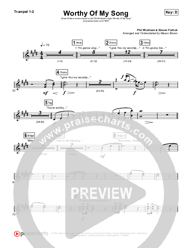 Worthy Of My Song (Choral Anthem SATB) Trumpet 1,2 (Phil Wickham / Arr. Mason Brown)