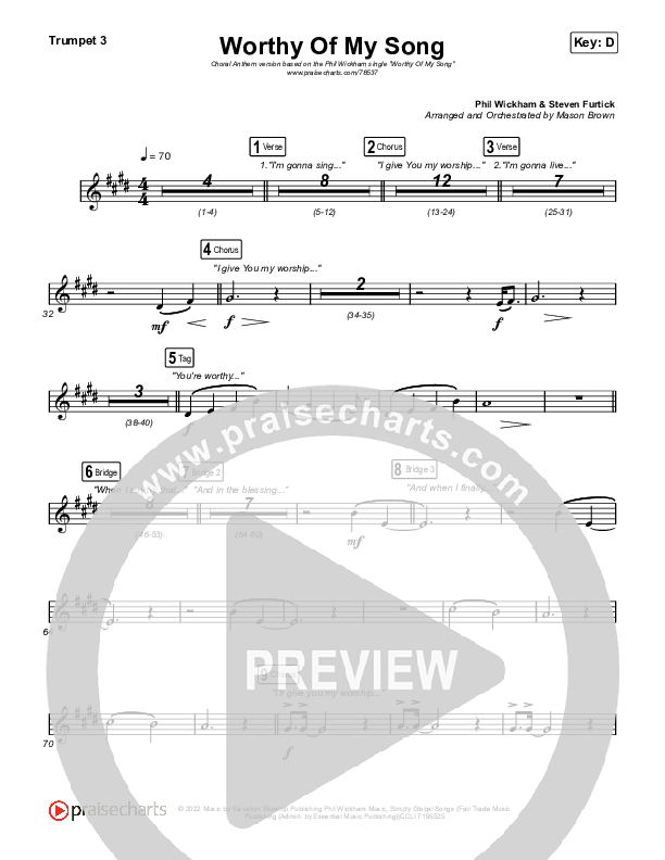 Worthy Of My Song (Choral Anthem SATB) Trumpet 1,2 (Phil Wickham / Arr. Mason Brown)
