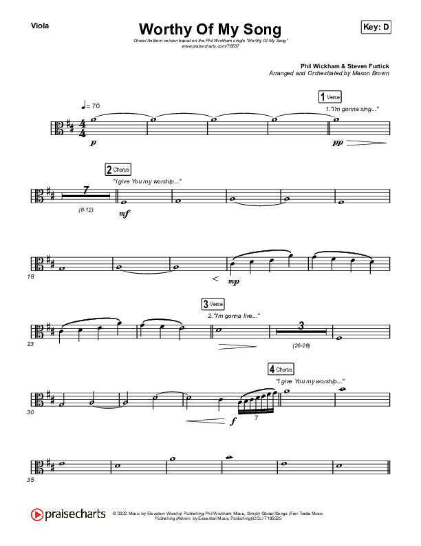 Worthy Of My Song (Choral Anthem SATB) Viola (Phil Wickham / Arr. Mason Brown)