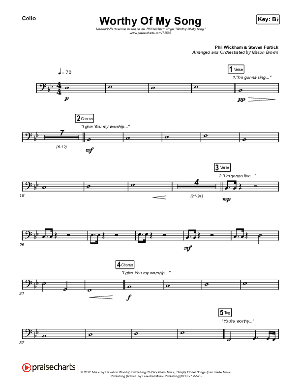 Worthy Of My Song (Unison/2-Part Choir) Cello (Phil Wickham / Chris Quilala / Arr. Mason Brown)