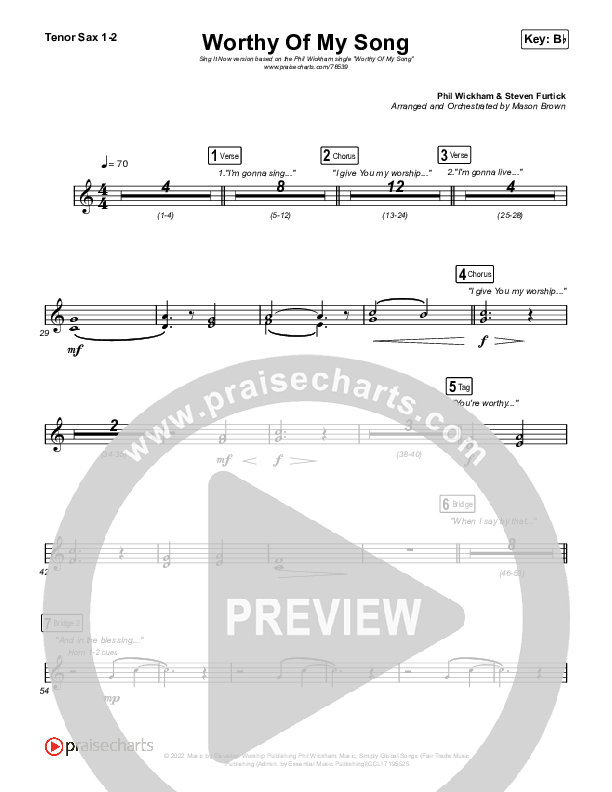 Worthy Of My Song (Sing It Now SATB) Tenor Sax 1/2 (Phil Wickham / Arr. Mason Brown)