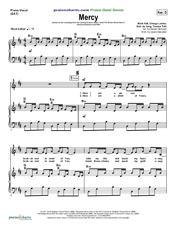 Mercy Piano/Vocal (SAT) (Casting Crowns)