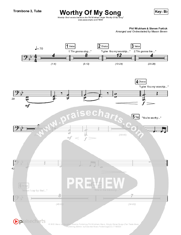 Worthy Of My Song (Worship Choir SAB) Trombone 3/Tuba (Phil Wickham / Arr. Mason Brown)