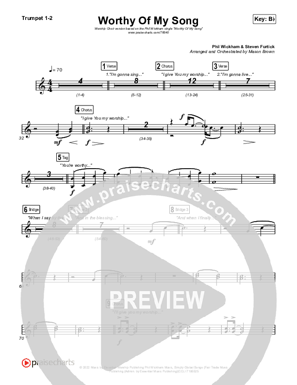 Worthy Of My Song (Worship Choir SAB) Trumpet 1,2 (Phil Wickham / Arr. Mason Brown)