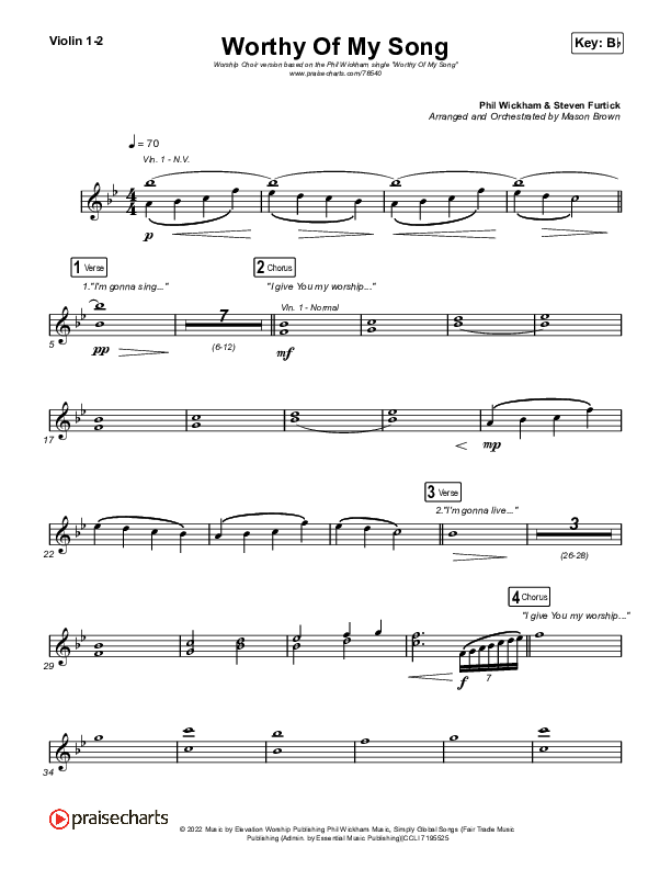 Worthy Of My Song (Worship Choir SAB) Violin 1/2 (Phil Wickham / Arr. Mason Brown)
