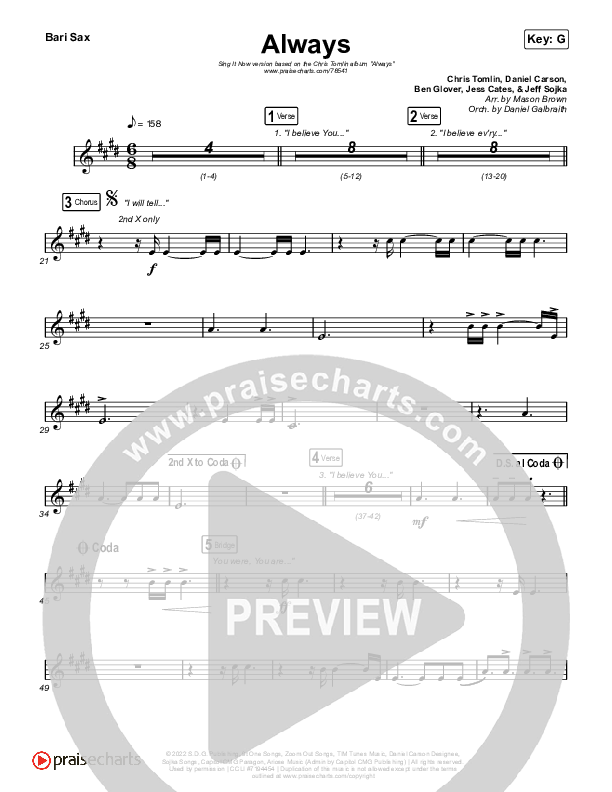 Always (Sing It Now) Bari Sax (PraiseCharts Choral / Chris Tomlin / Arr. Mason Brown, Daniel Galbraith, Grant Wall)