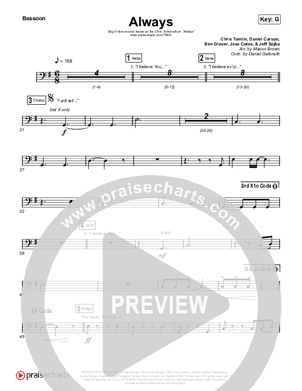 Always (Sing It Now) Bassoon (PraiseCharts Choral / Chris Tomlin / Arr. Mason Brown, Daniel Galbraith, Grant Wall)