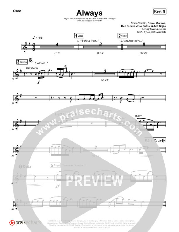 Always (Sing It Now) Oboe (PraiseCharts Choral / Chris Tomlin / Arr. Mason Brown, Daniel Galbraith, Grant Wall)
