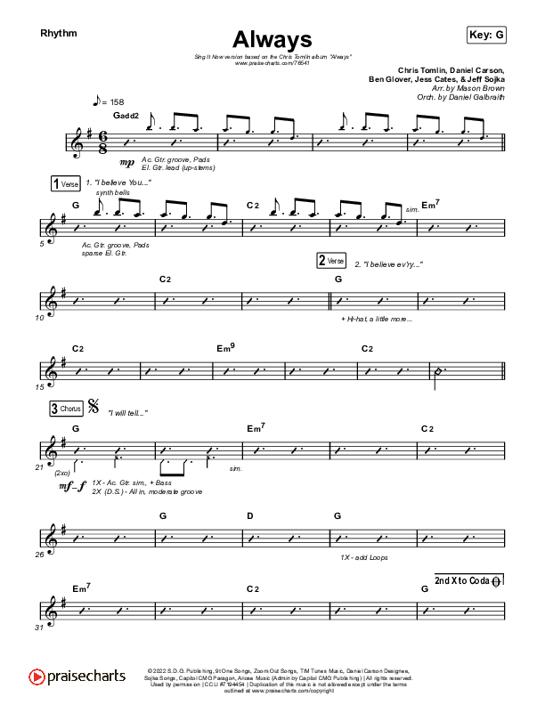 Always (Sing It Now) Rhythm Chart (PraiseCharts Choral / Chris Tomlin / Arr. Mason Brown, Daniel Galbraith, Grant Wall)