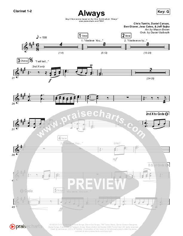 Always (Sing It Now SATB) Clarinet 1/2 (Chris Tomlin / Arr. Mason Brown)