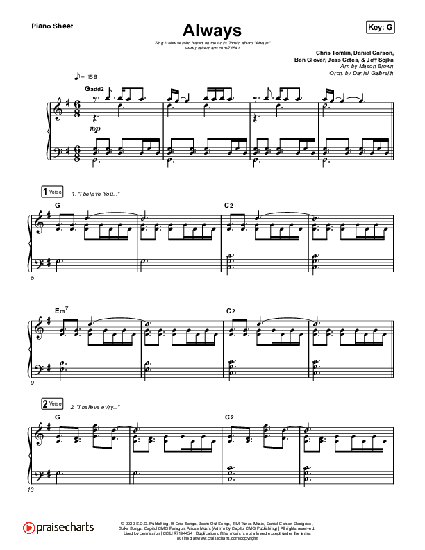 Always (Sing It Now SATB) Piano Sheet (Chris Tomlin / Arr. Mason Brown)