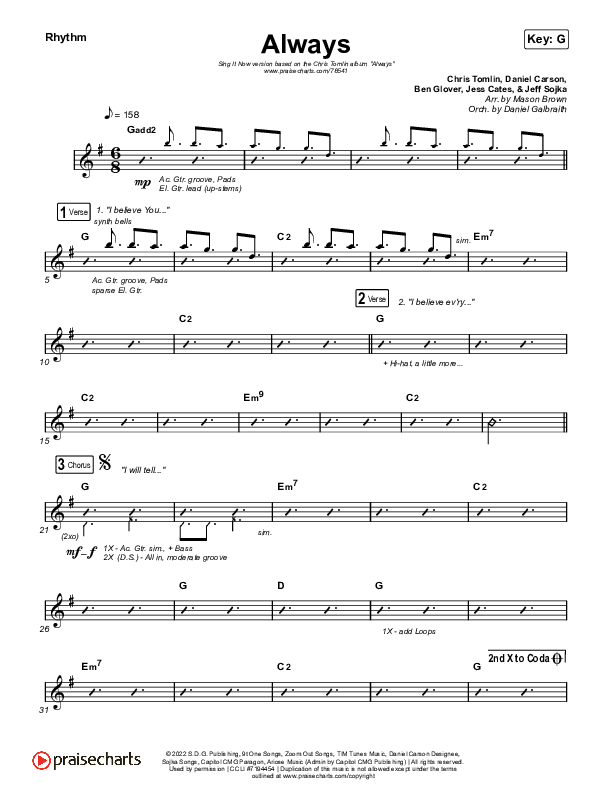 Always (Sing It Now SATB) Rhythm Chart (Chris Tomlin / Arr. Mason Brown)