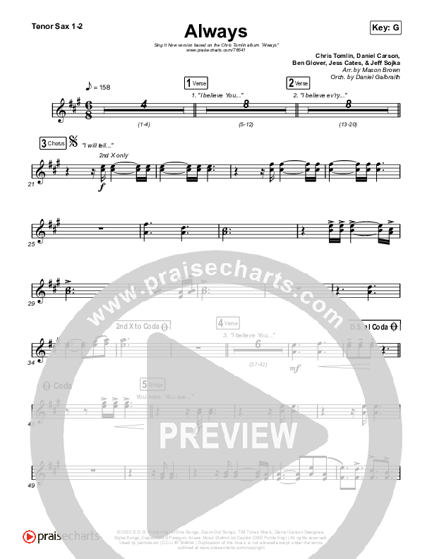 Always (Sing It Now SATB) Sax Pack (Chris Tomlin / Arr. Mason Brown)