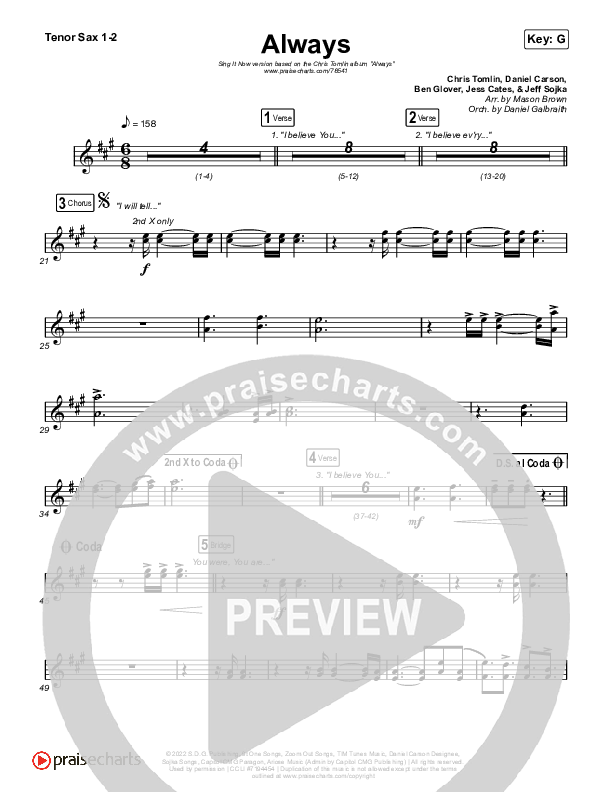 Always (Sing It Now) Sax Pack (PraiseCharts Choral / Chris Tomlin / Arr. Mason Brown)