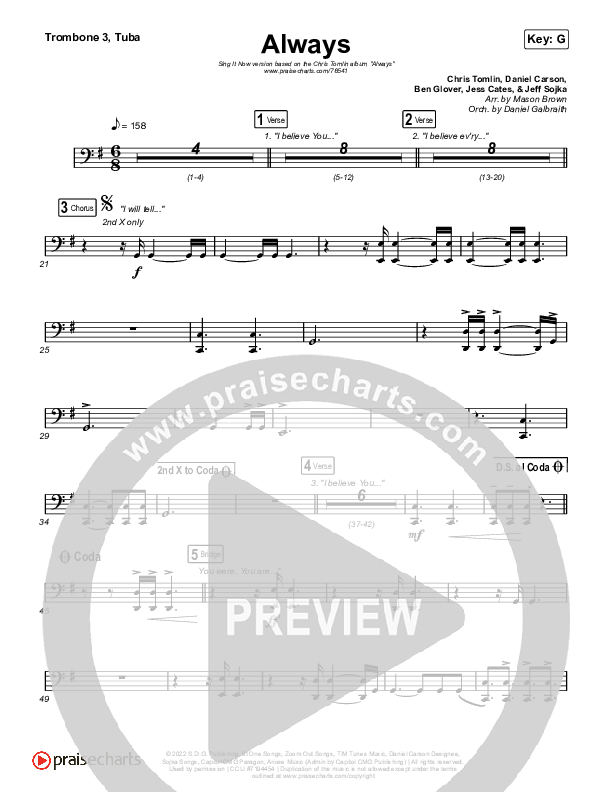 Always (Sing It Now) Trombone 3/Tuba (PraiseCharts Choral / Chris Tomlin / Arr. Mason Brown)