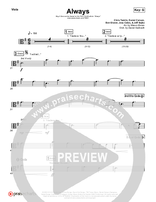 Always (Sing It Now) Viola (PraiseCharts Choral / Chris Tomlin / Arr. Mason Brown, Daniel Galbraith, Grant Wall)