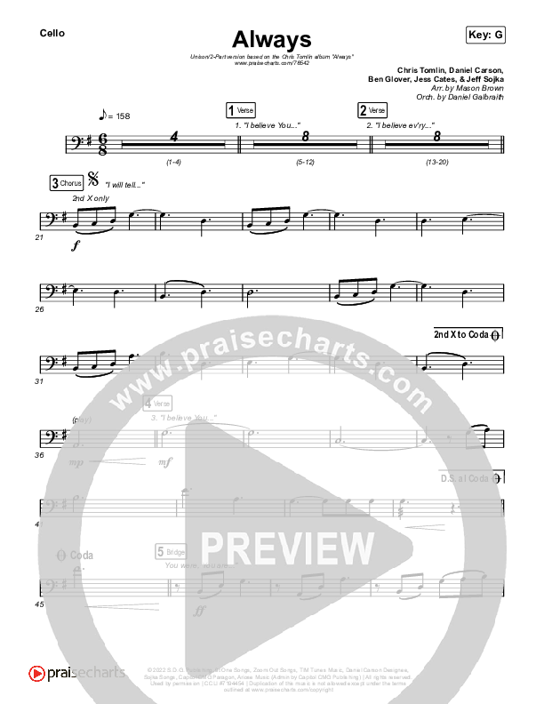 Always (Unison/2-Part) Cello (PraiseCharts Choral / Chris Tomlin / Arr. Mason Brown)