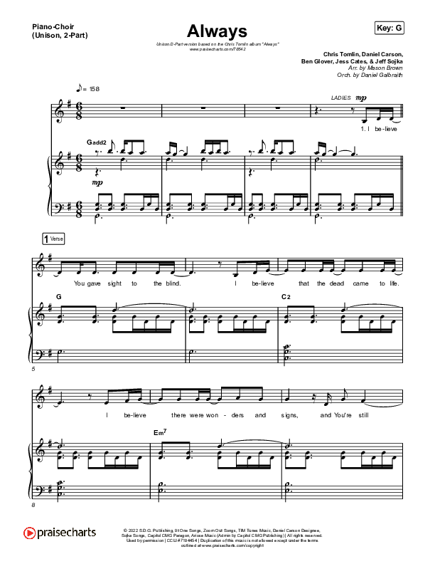 Always (Unison/2-Part) Piano/Choir (Unison, 2-part) (PraiseCharts Choral / Chris Tomlin / Arr. Mason Brown)