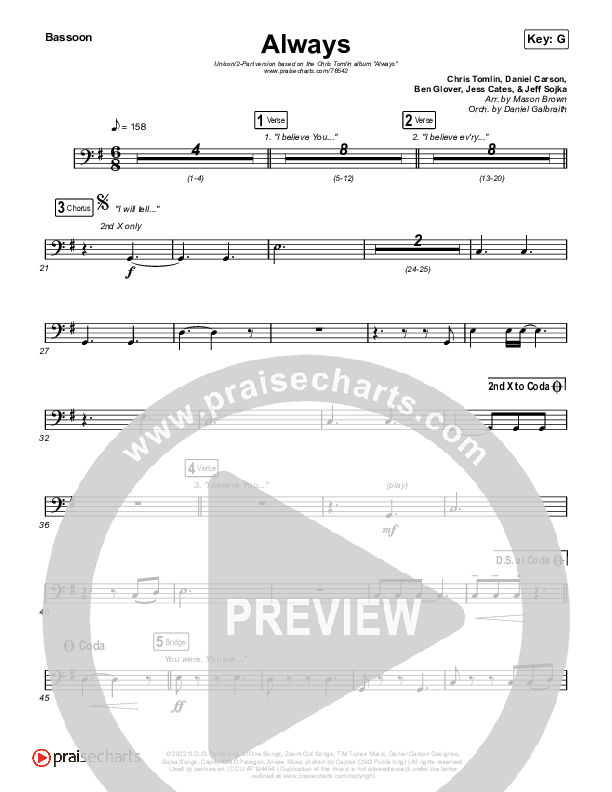 Always (Unison/2-Part Choir) Bassoon (Chris Tomlin / Arr. Mason Brown)