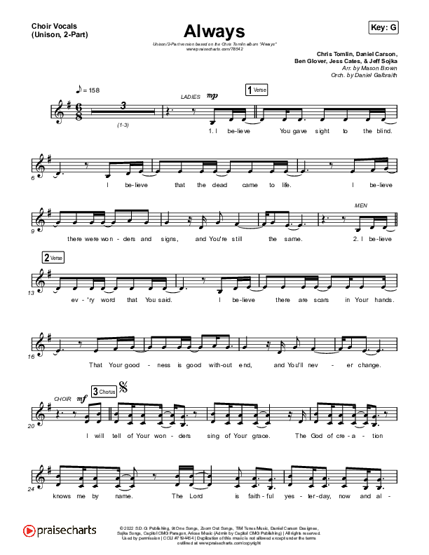 Always (Unison/2-Part Choir) Choir Vocals (Uni/2-Part) (Chris Tomlin / Arr. Mason Brown)