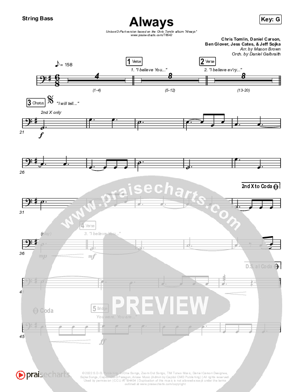 Always (Unison/2-Part Choir) Double Bass (Chris Tomlin / Arr. Mason Brown)