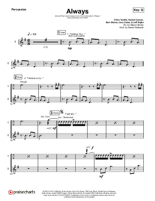 Always (Unison/2-Part Choir) Percussion (Chris Tomlin / Arr. Mason Brown)