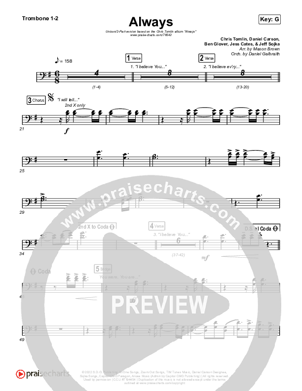Always (Unison/2-Part Choir) Trombone 1/2 (Chris Tomlin / Arr. Mason Brown)