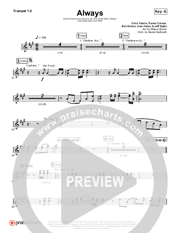 Always (Unison/2-Part Choir) Trumpet 1,2 (Chris Tomlin / Arr. Mason Brown)