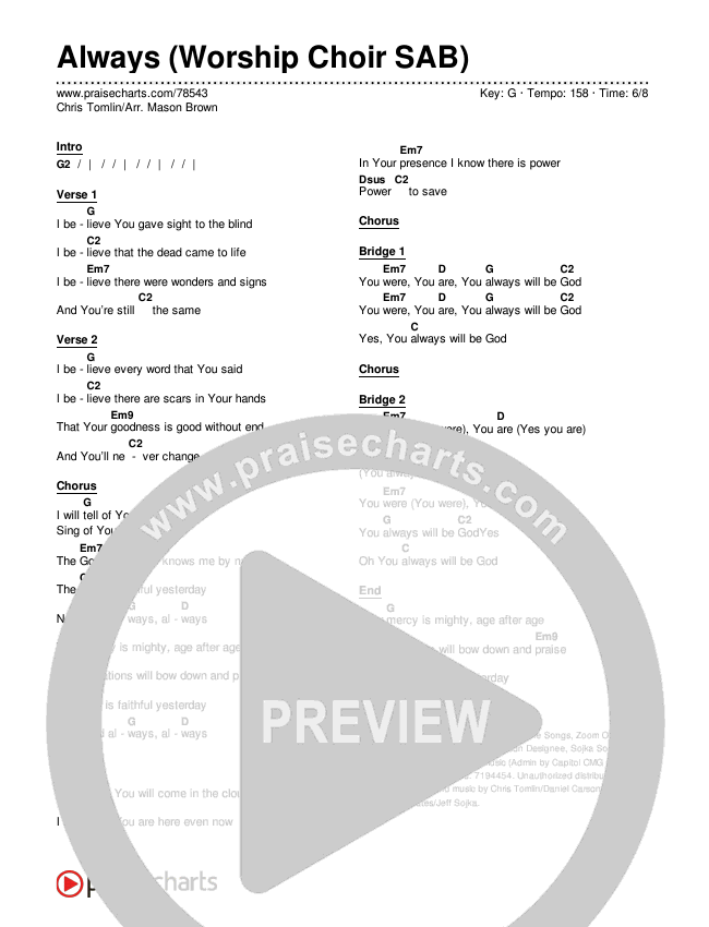 Always (Worship Choir SAB) Chords & Lyrics (Chris Tomlin / Arr. Mason Brown)