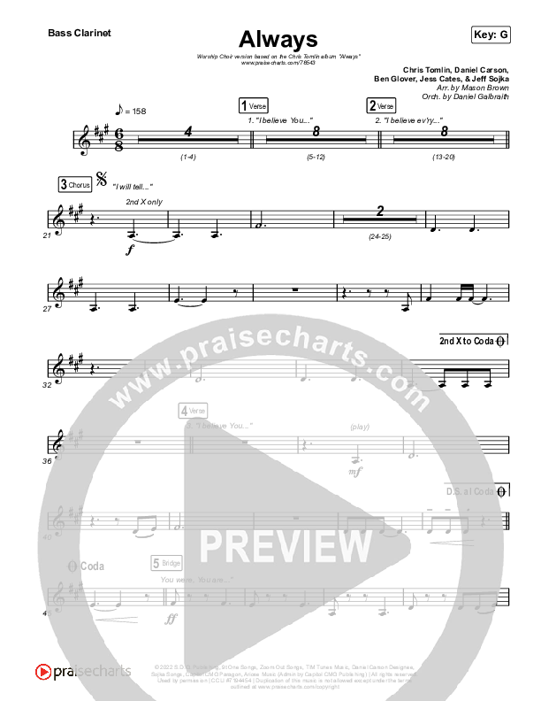 Always (Worship Choir SAB) Bass Clarinet (Chris Tomlin / Arr. Mason Brown)