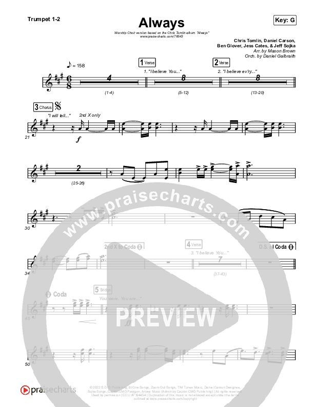 Always (Worship Choir SAB) Trumpet 1,2 (Chris Tomlin / Arr. Mason Brown)