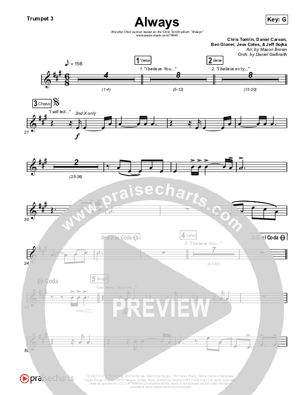 Always (Worship Choir SAB) Trumpet 3 (Chris Tomlin / Arr. Mason Brown)