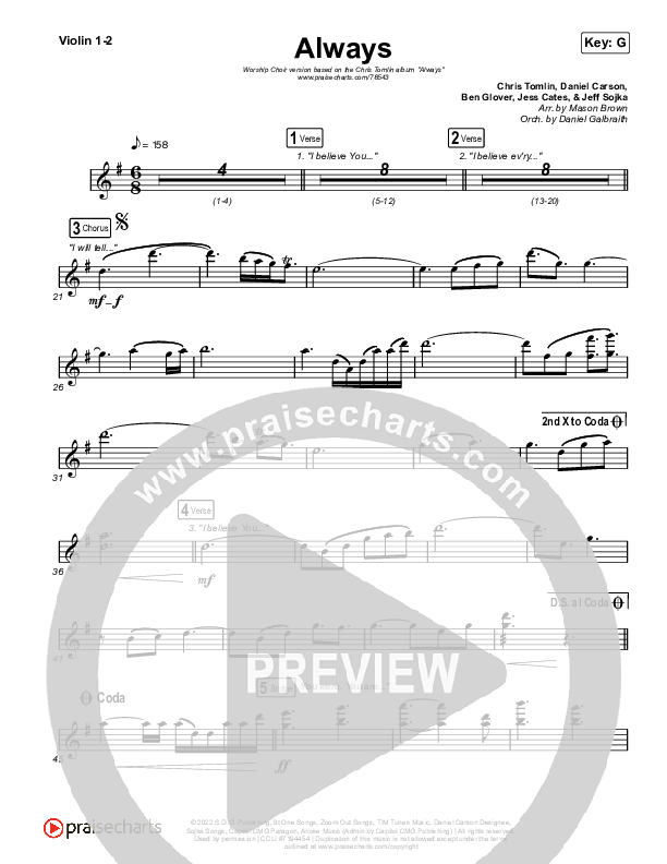 Always (Worship Choir SAB) Violin 1/2 (Chris Tomlin / Arr. Mason Brown)
