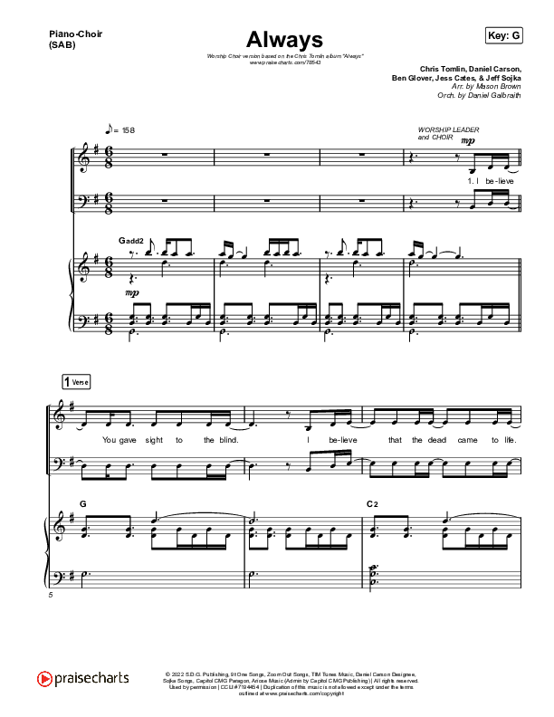 Always (Worship Choir/SAB) Piano/Choir (SAB) (PraiseCharts Choral / Chris Tomlin / Arr. Mason Brown)
