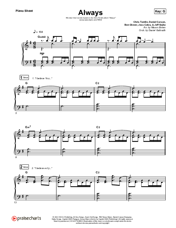 Always (Worship Choir/SAB) Piano Sheet (PraiseCharts Choral / Chris Tomlin / Arr. Mason Brown)