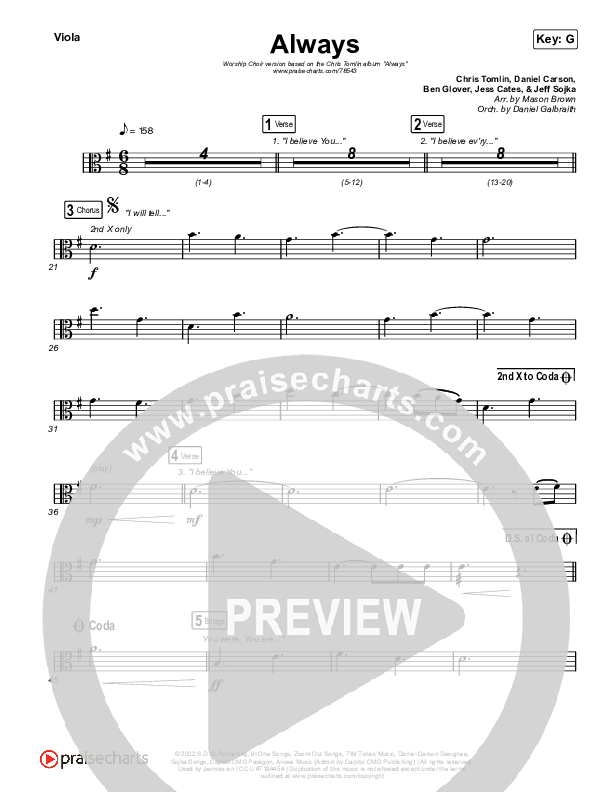 Always (Worship Choir/SAB) Viola (PraiseCharts Choral / Chris Tomlin / Arr. Mason Brown)