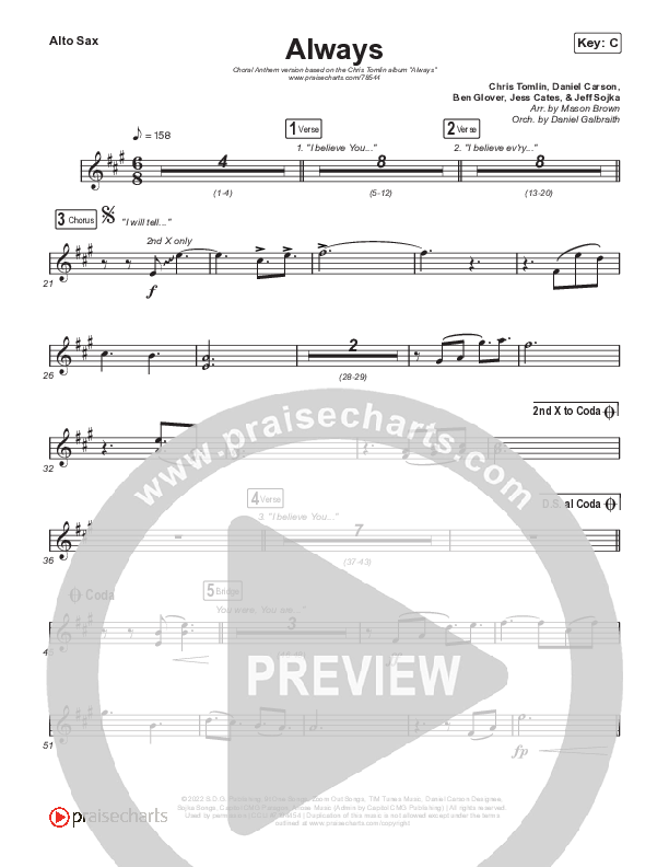 Always (Choral Anthem SATB) Alto Sax (Chris Tomlin / Arr. Erik Foster)