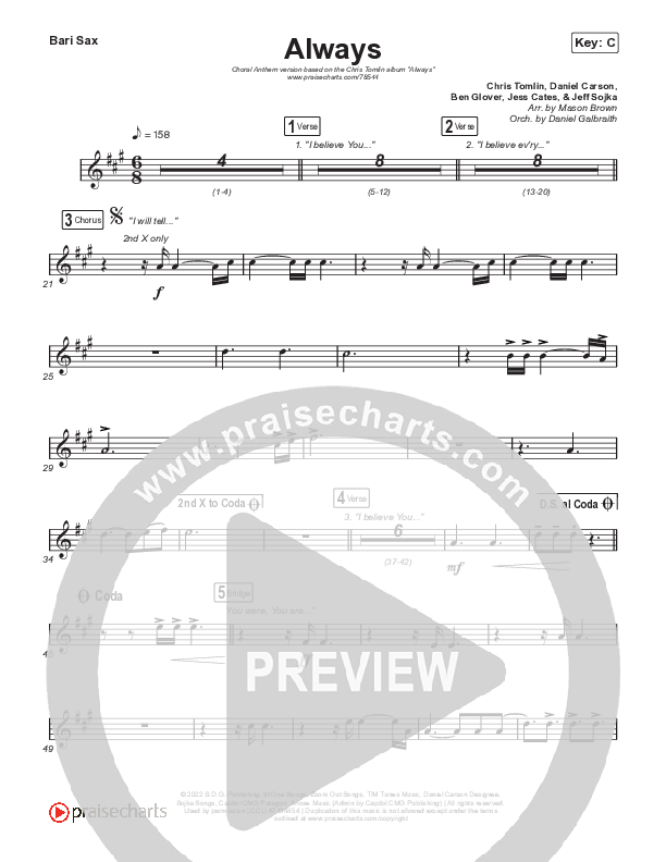 Always (Choral Anthem SATB) Bari Sax (Chris Tomlin / Arr. Erik Foster)