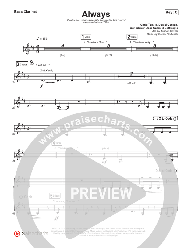 Always (Choral Anthem SATB) Bass Clarinet (Chris Tomlin / Arr. Erik Foster)