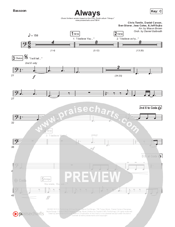 Always (Choral Anthem SATB) Bassoon (Chris Tomlin / Arr. Erik Foster)