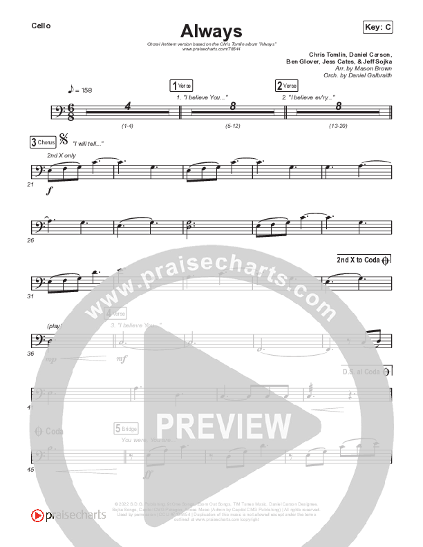 Always (Choral Anthem SATB) Cello (Chris Tomlin / Arr. Erik Foster)
