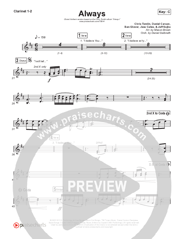 Always (Choral Anthem SATB) Clarinet 1/2 (Chris Tomlin / Arr. Erik Foster)