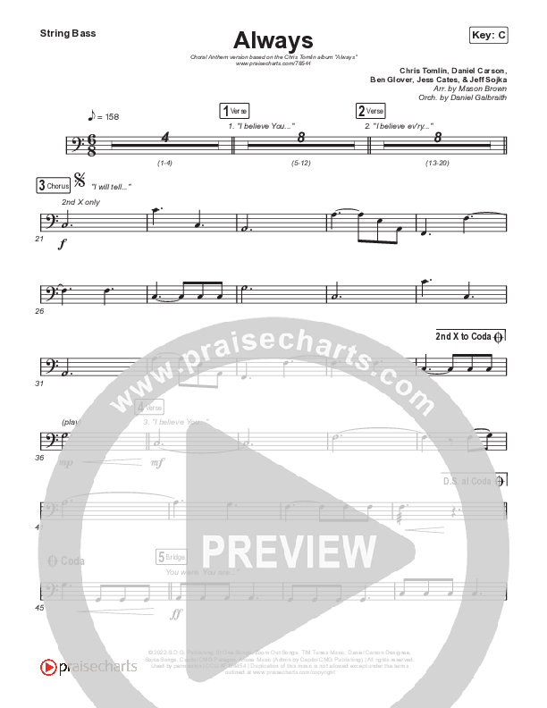 Always (Choral Anthem SATB) String Bass (Chris Tomlin / Arr. Erik Foster)