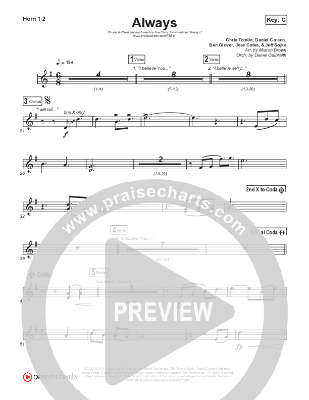 Always (Choral Anthem SATB) French Horn 1,2 (Chris Tomlin / Arr. Erik Foster)